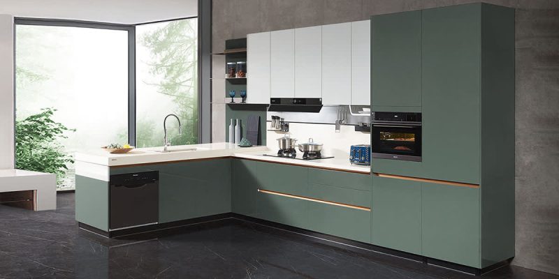 L-Shaped Green Modern Kitchen Cabinet PLCC21347