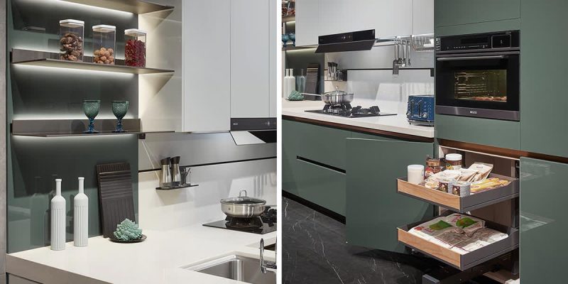 L-Shaped Green Modern Kitchen Cabinet PLCC21347