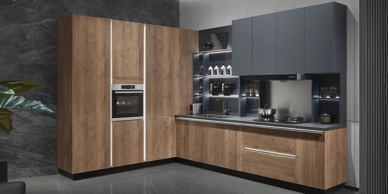 Modern L-Shaped Oak Wooden Kitchen Cabinet PLCC21413